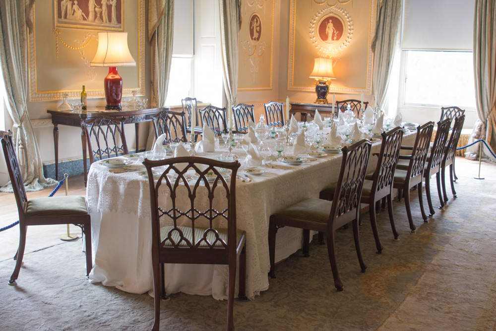 The dining room at Basildon Park, set as it might be for the characters of Downton Abbey.